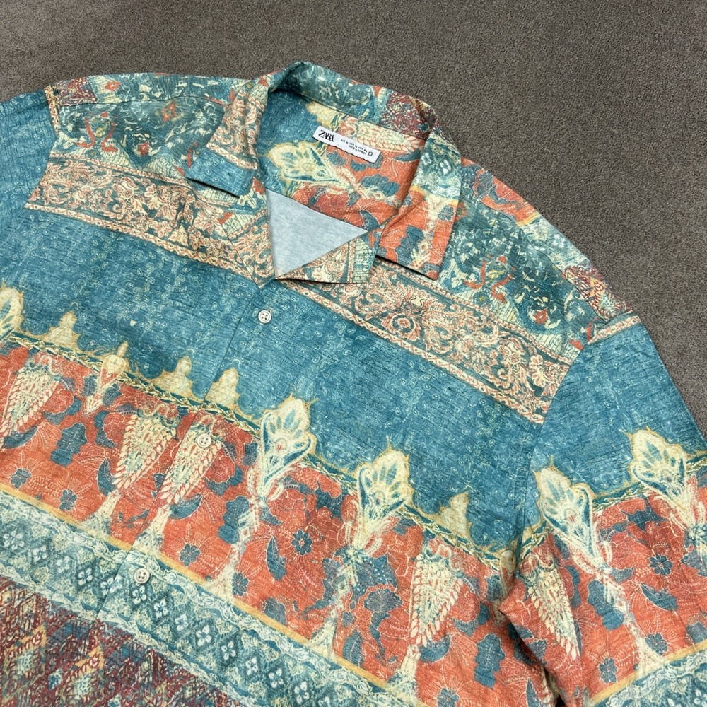 Zara Mens XL Ornate Paisley Button Up Shirt Short Sleeve Camp Collar Resort Boho